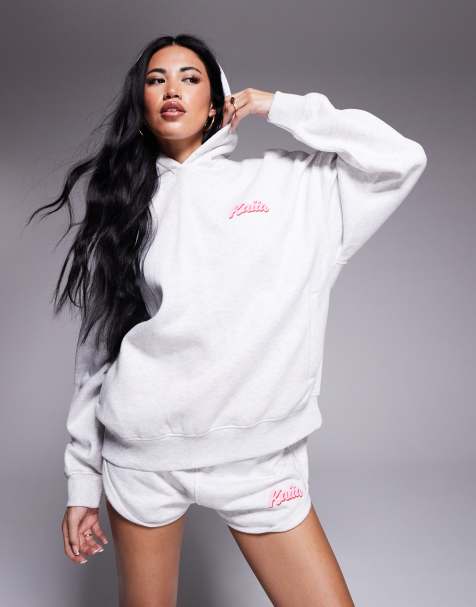 Kaiia cotton blend puff printed logo oversized hoodie co-ord in light grey marl and baby pink - view 1