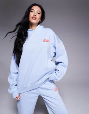 Kaiia cotton blend puff printed logo oversized hoodie in light blue and red - part of a set