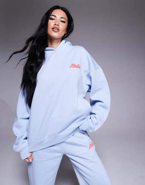 Kaiia cotton blend puff printed logo oversized hoodie in light blue and red (part of a set) - view 1