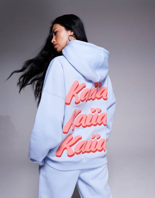 Kaiia cotton blend puff printed logo oversized hoodie in light blue and red - part of a set  , 3 of 4