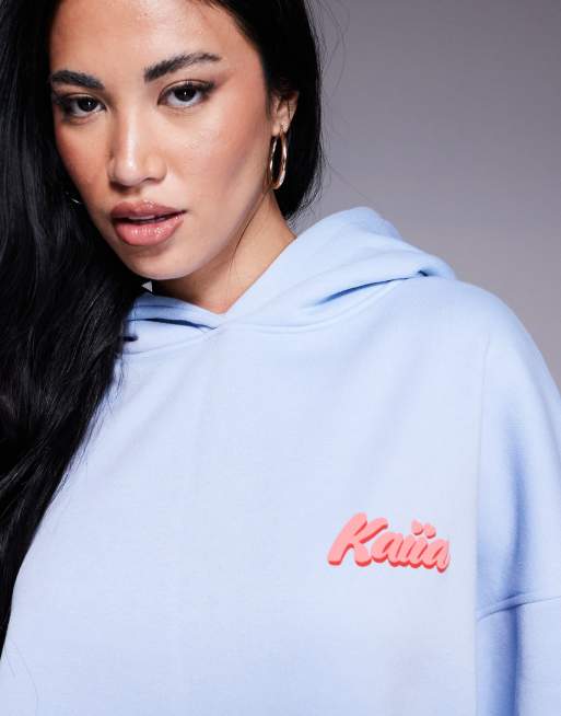 Kaiia cotton blend puff printed logo oversized hoodie in light blue and red - part of a set  , 4 of 4