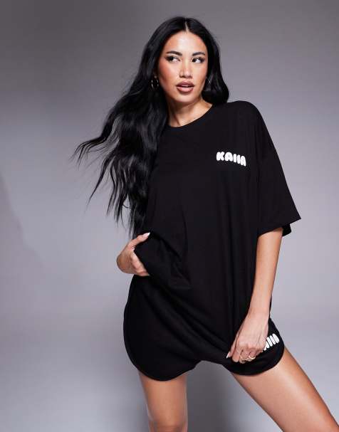 Kaiia cotton blend puff printed logo oversized T-shirt in black and white - part of a set - view 1