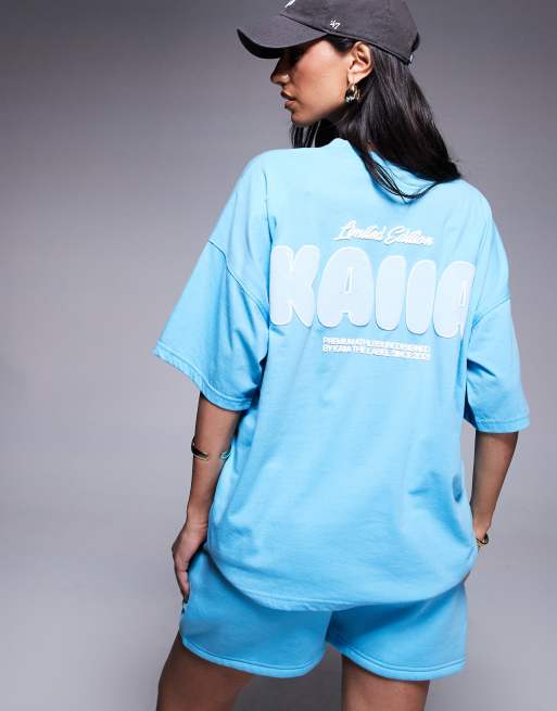 Kaiia cotton blend puff printed logo oversized T-shirt in bright blue (part of a set)  , 2 of 4