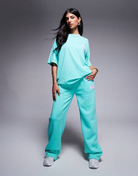 Kaiia cotton-blend puff printed logo wide leg trackies in aqua and baby pink (Part of a set) - view 1