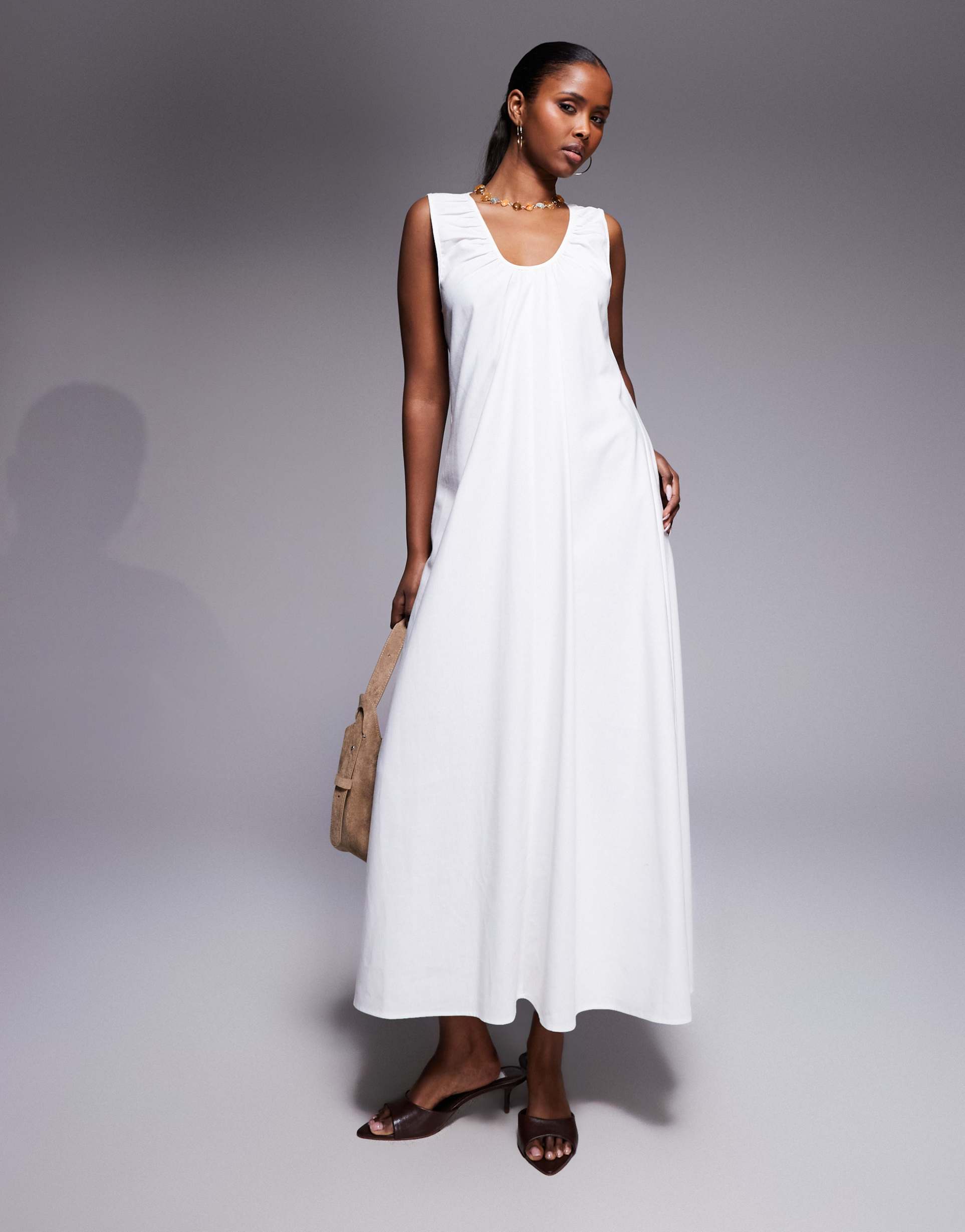 kaiia cotton blend ruched scoop neck midaxi beach dress in white