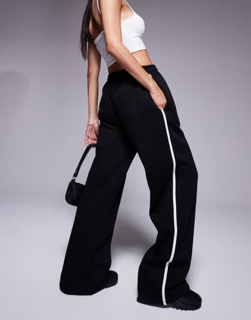 Kaiia cotton blend side stripe wide leg joggers co-ord in black and white