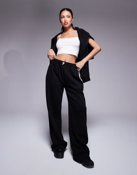 Kaiia cotton blend side stripe wide leg trackies in black and white (part of a set) - view 1