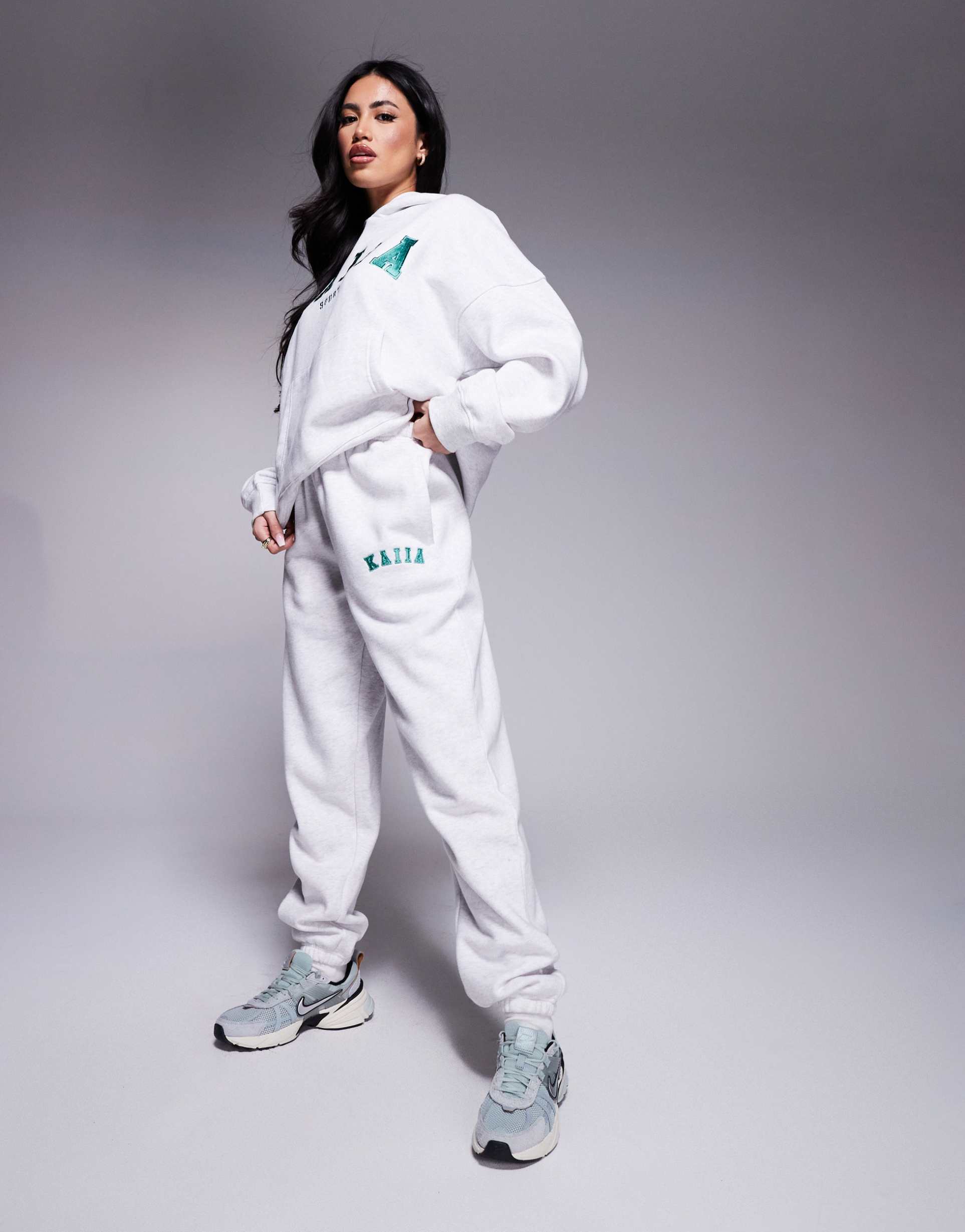 kaiia cotton blend sport embroidered logo cuffed sweatpants in gray heather - part of a set