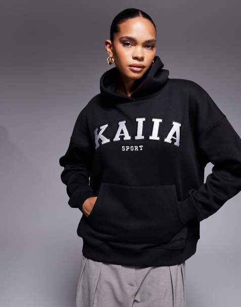 Kaiia cotton blend sport embroidered logo oversized hoodie co-ord in black and cream - view 1
