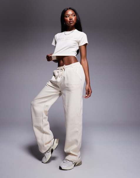 Kaiia cotton blend sport embroidered logo wide leg jogger co-ord in cream   - view 1