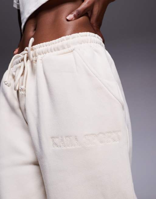 Kaiia cotton blend sport embroidered logo wide leg jogger co-ord in cream  , 2 of 5