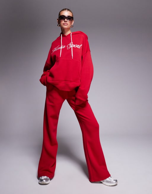 Kaiia cotton blend sport embroidered script logo drawstring hoodie in red and white (part of a set)  , 3 of 4
