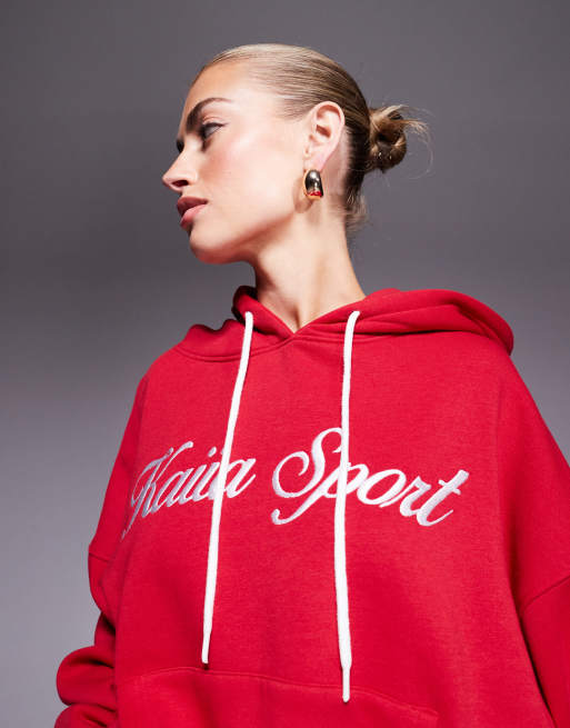 Kaiia cotton blend sport embroidered script logo drawstring hoodie in red and white (part of a set)  , 4 of 4