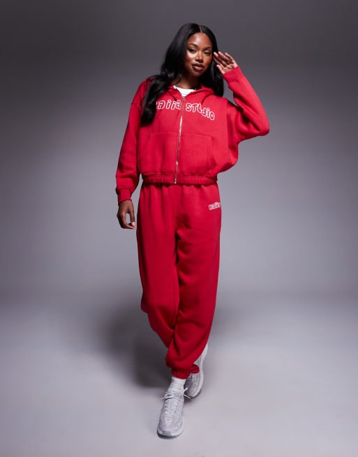 Kaiia cotton blend Studio bubble logo back print zip up hoodie in red - part of a set  , 2 of 4