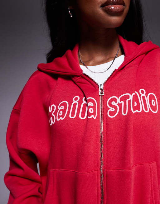 Kaiia cotton blend Studio bubble logo back print zip up hoodie in red - part of a set  , 3 of 4