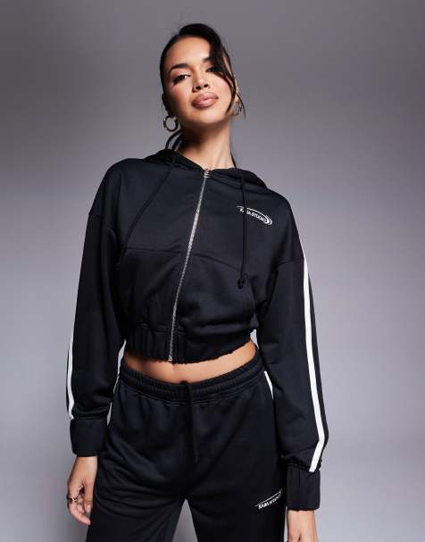 Kaiia cotton blend Studio cropped side stripe zip up hoodie in black (part of a set) - view 1