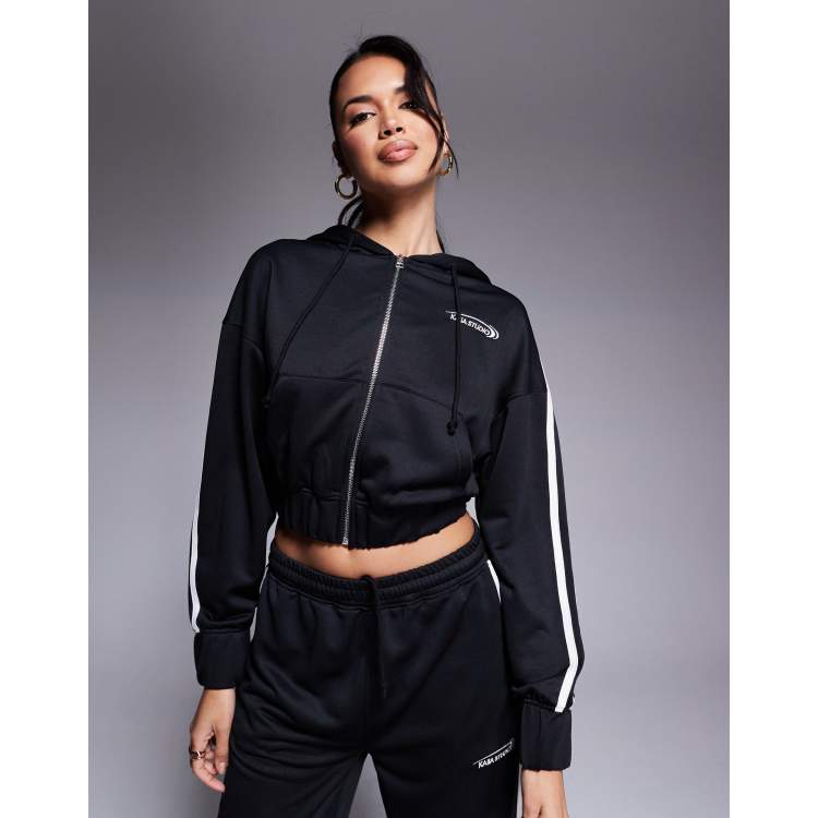 Kaiia cotton blend Studio cropped side stripe zip up hoodie in