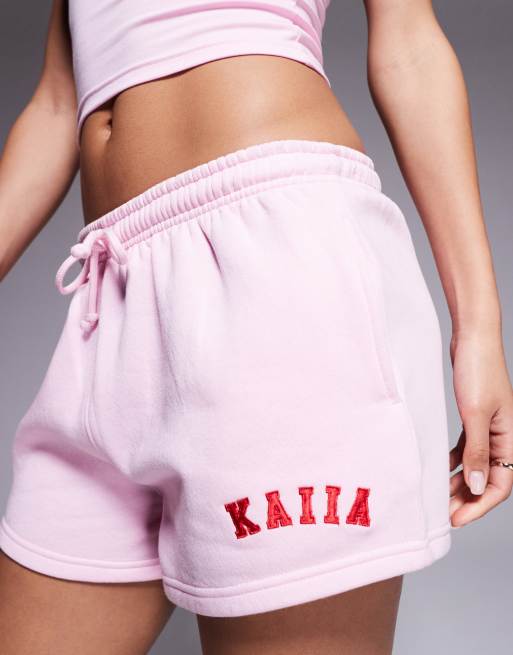 Kaiia cotton blend Studio embroidered logo sweat shorts co-ord in baby pink and red  , 2 of 5