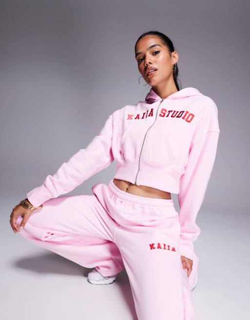 Kaiia cotton blend Studio embroidered logo wide leg jogger co-ord in baby pink and red  , 2 of 5