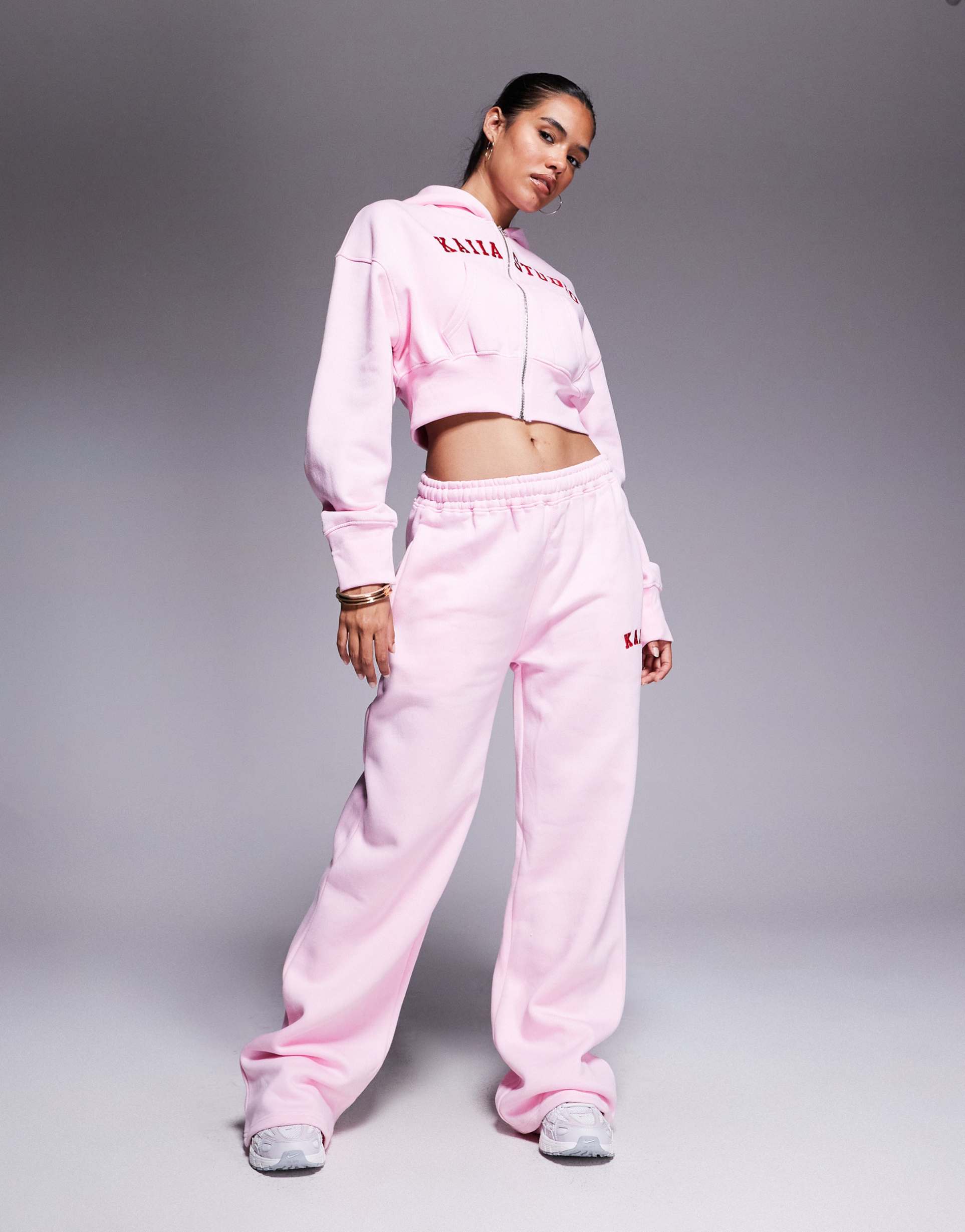 kaiia cotton blend studio embroidered logo wide leg sweatpants in baby pink and red - part of a set