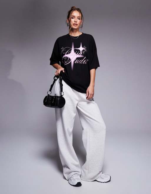 Kaiia cotton blend Studio embroidered star graphic t-shirt in black and pink   , 2 of 4