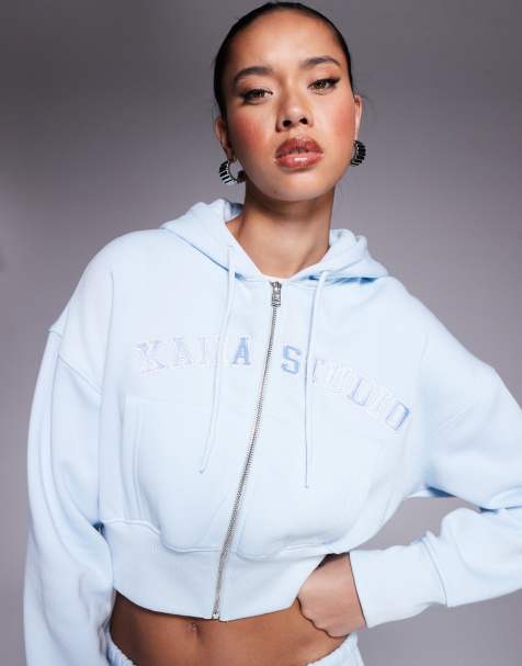 Kaiia cotton blend studio fitted zip up hoodie co-ord in blue - view 1