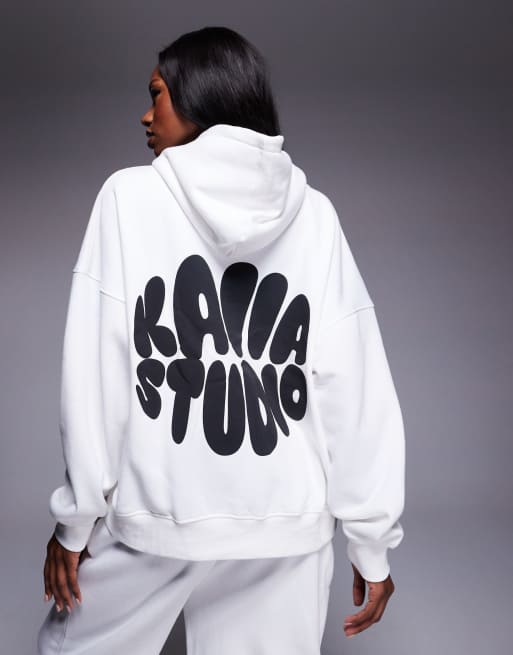 Kaiia Studio oversized bubble back print hoodie and wide leg joggers co-ord in cream and black, 3 of 3
