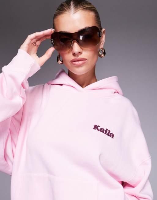 Kaiia cotton blend Studio oversized contrast cherry back print hoodie co-ord in baby pink  , 2 of 4