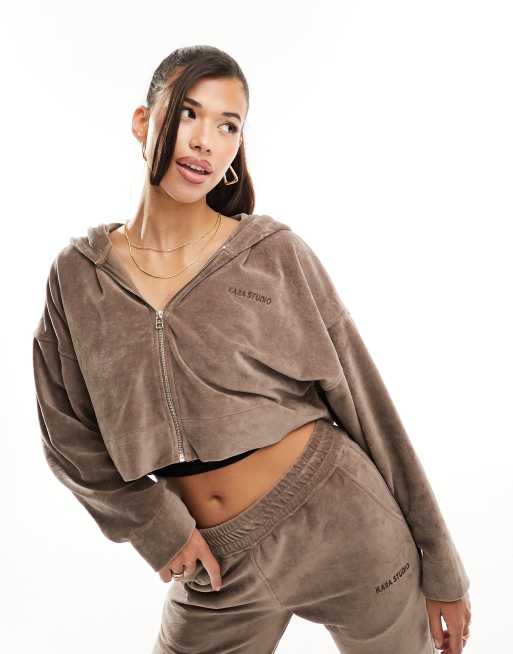 Kaiia cotton blend studio terrycloth zip up cropped hoodie in brown - part of a set  