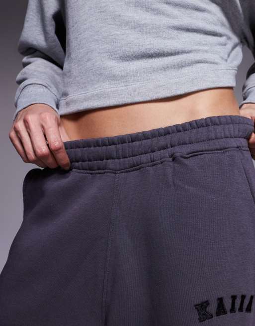 Kaiia cotton blend Tall embroidered logo wide leg joggers in dark grey