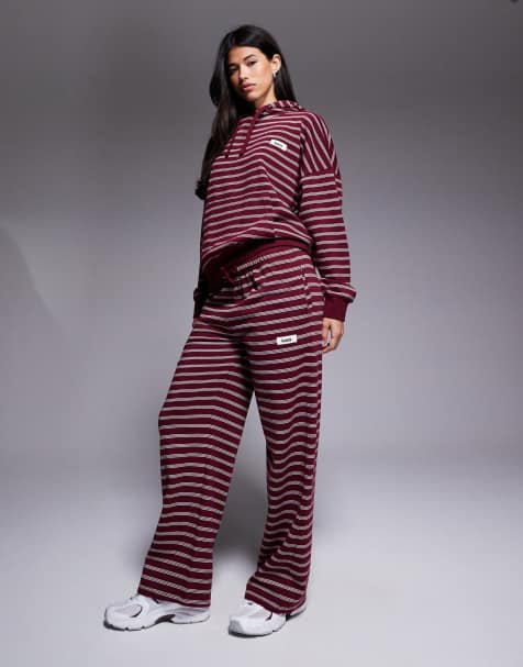 Kaiia cotton blend tie waist pants in burgundy and cream stripe (part of a set) - view 1