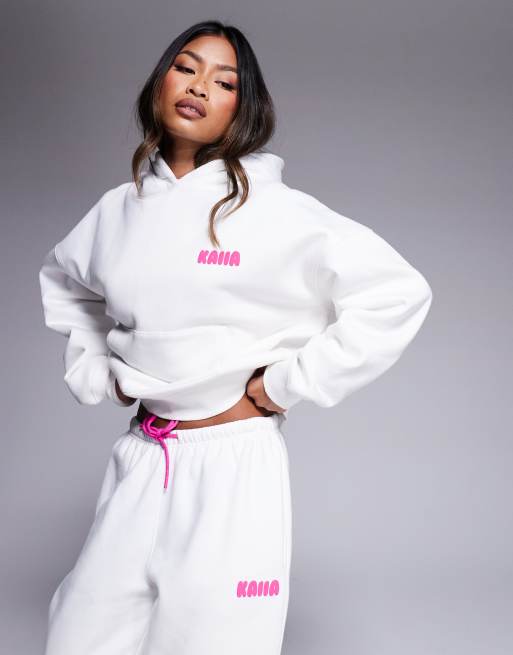 Kaiia cotton blend wavy back print logo hoodie co-ord in white and pink  , 2 of 4