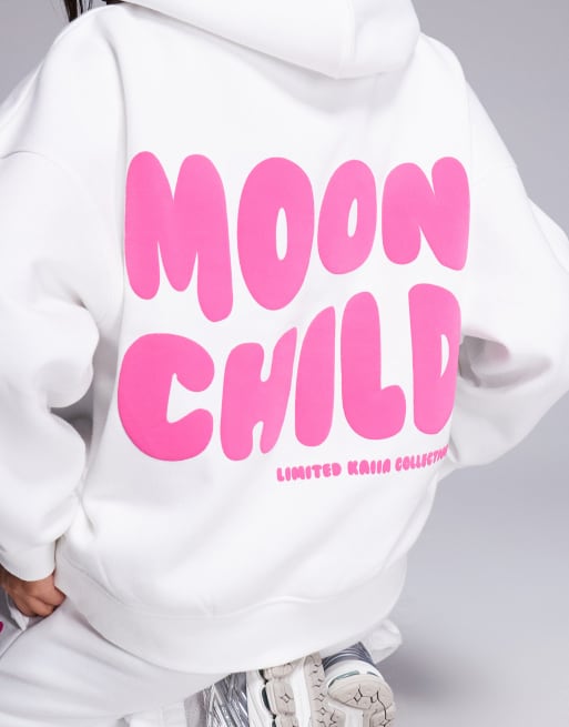 Kaiia cotton blend wavy back print logo hoodie co-ord in white and pink  , 4 of 4