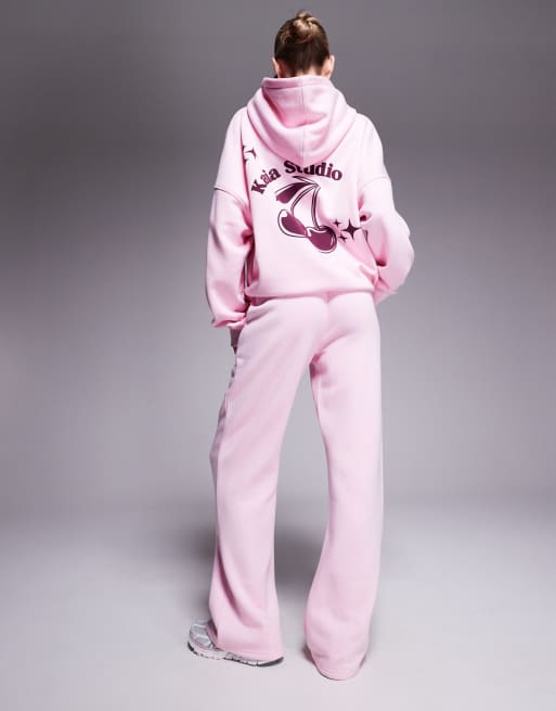 Kaiia cotton blend wide leg contrast logo joggers co-ord in baby pink  , 2 of 5