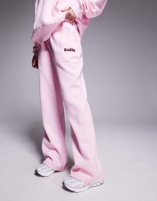 Kaiia cotton blend wide leg contrast logo joggers co-ord in baby pink  , 3 of 5
