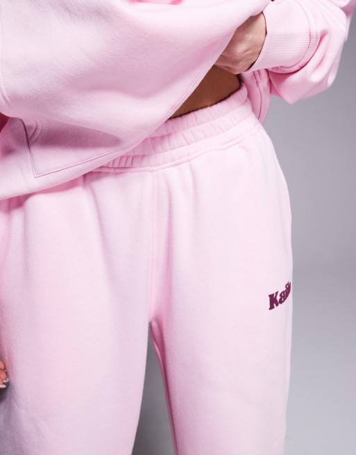 Kaiia cotton blend wide leg contrast logo joggers co-ord in baby pink  , 4 of 5