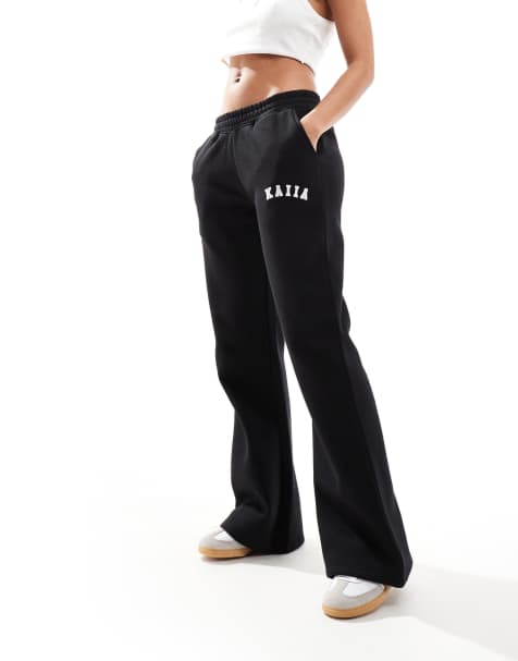 Kaiia cotton blend wide leg joggers in black - view 1