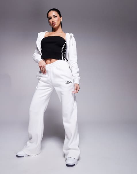 Kaiia cotton blend wide leg logo jogger co-ord in cream - view 1