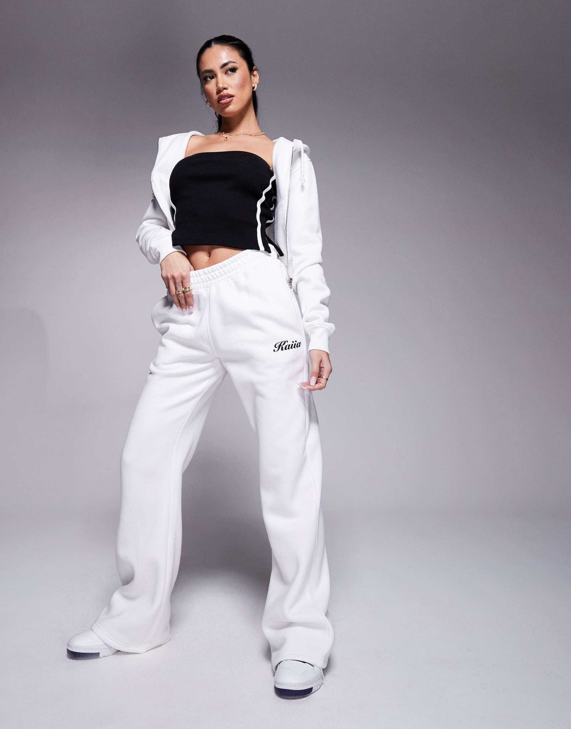 kaiia cotton blend wide leg logo sweatpants in cream - part of a set