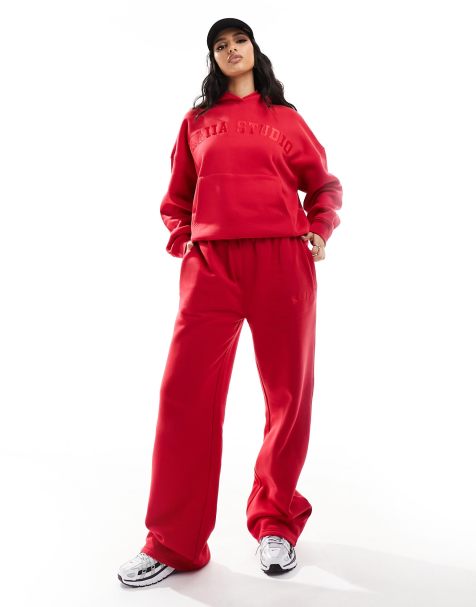 Kaiia cotton blend wide leg sweatpants in red - part of a set - view 1