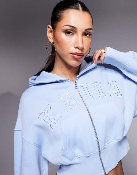 Kaiia cotton blend zip up embroidered logo hoodie in light blue - part of a set - view 1
