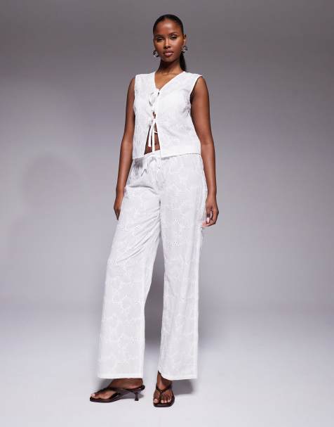 Kaiia cotton broderie tie front beach top and wide leg beach trousers co-ord in white - view 1