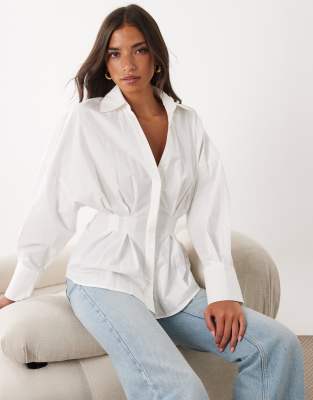 Kaiia Cotton Cinched Waist Button Up Balloon Sleeve Shirt In White