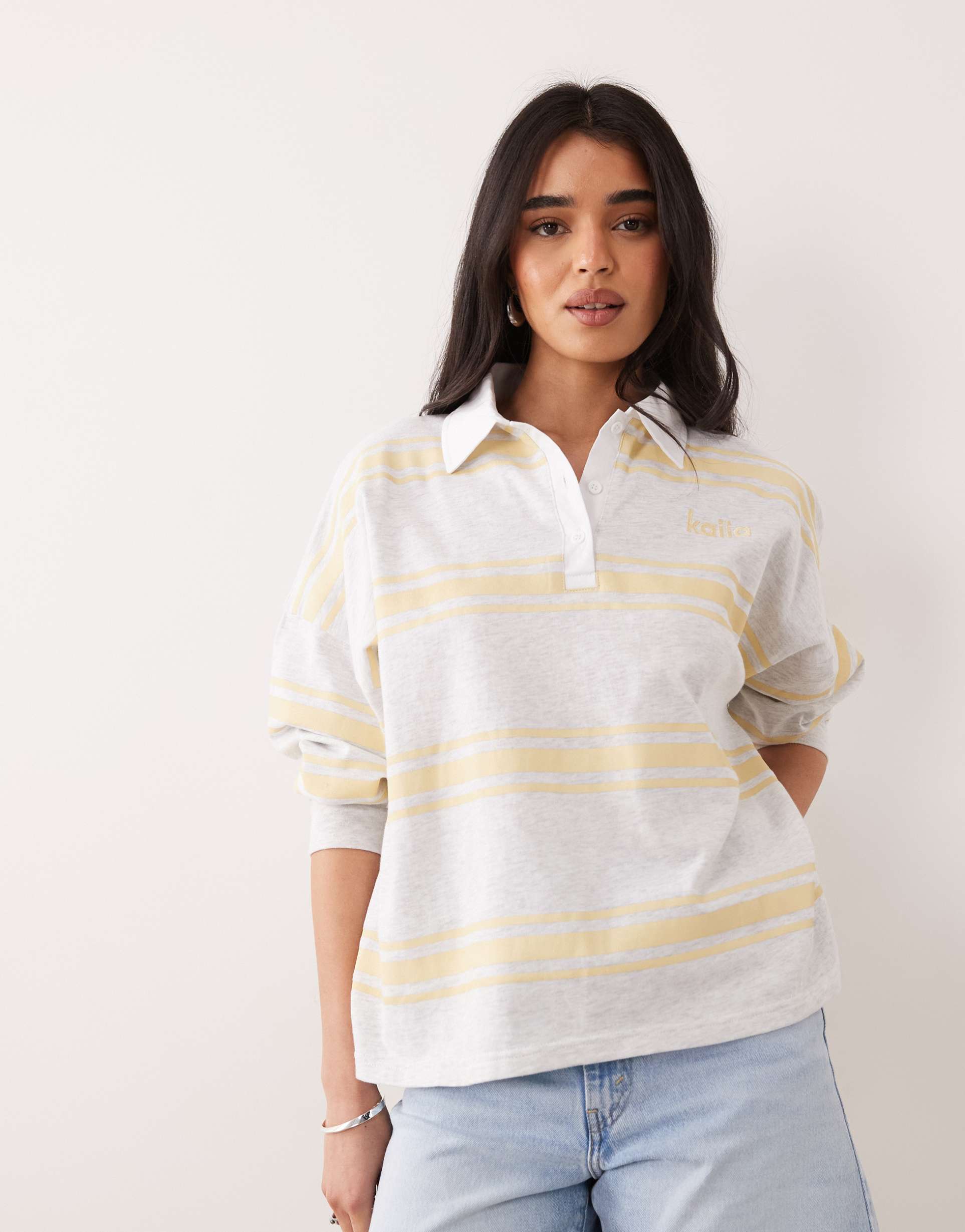 kaiia cotton collar detail striped rugby top in heather gray & lemon