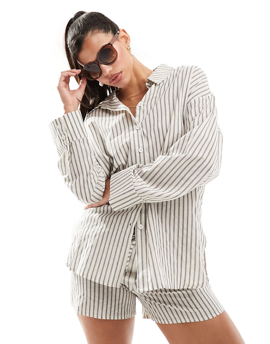 Kaiia Cotton Linen-look Shirt In Cream Stripe - Part Of A Set-multi