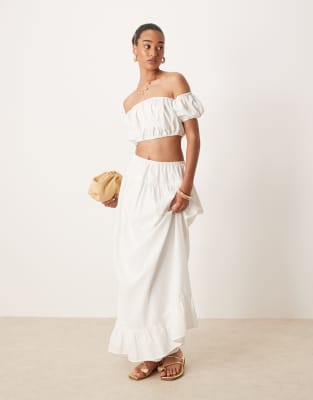 Kaiia Cotton Off The Shoulder Gathered Puff Detail Crop Top