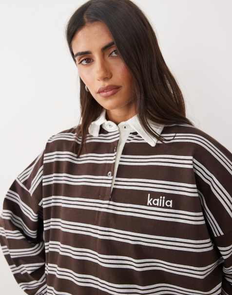 Kaiia cotton oversized collared long sleeve rugby top in brown stripe - view 1