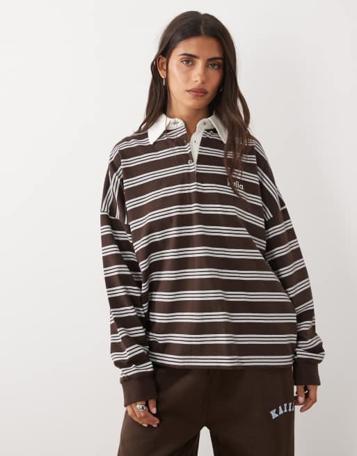 Kaiia cotton oversized collared long sleeve rugby top in brown stripe, 3 of 4