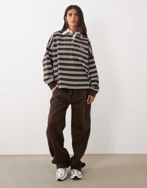 Kaiia cotton oversized collared long sleeve rugby top in brown stripe, 4 of 4