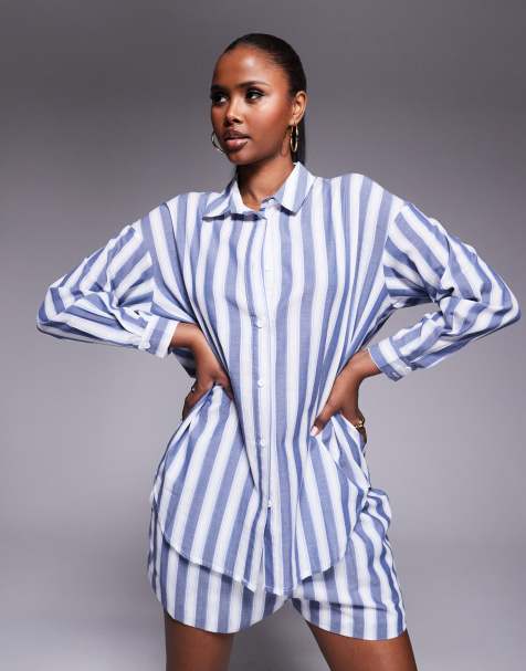 Kaiia cotton oversized shirt co-ord in blue and white deckchair stripe - view 1